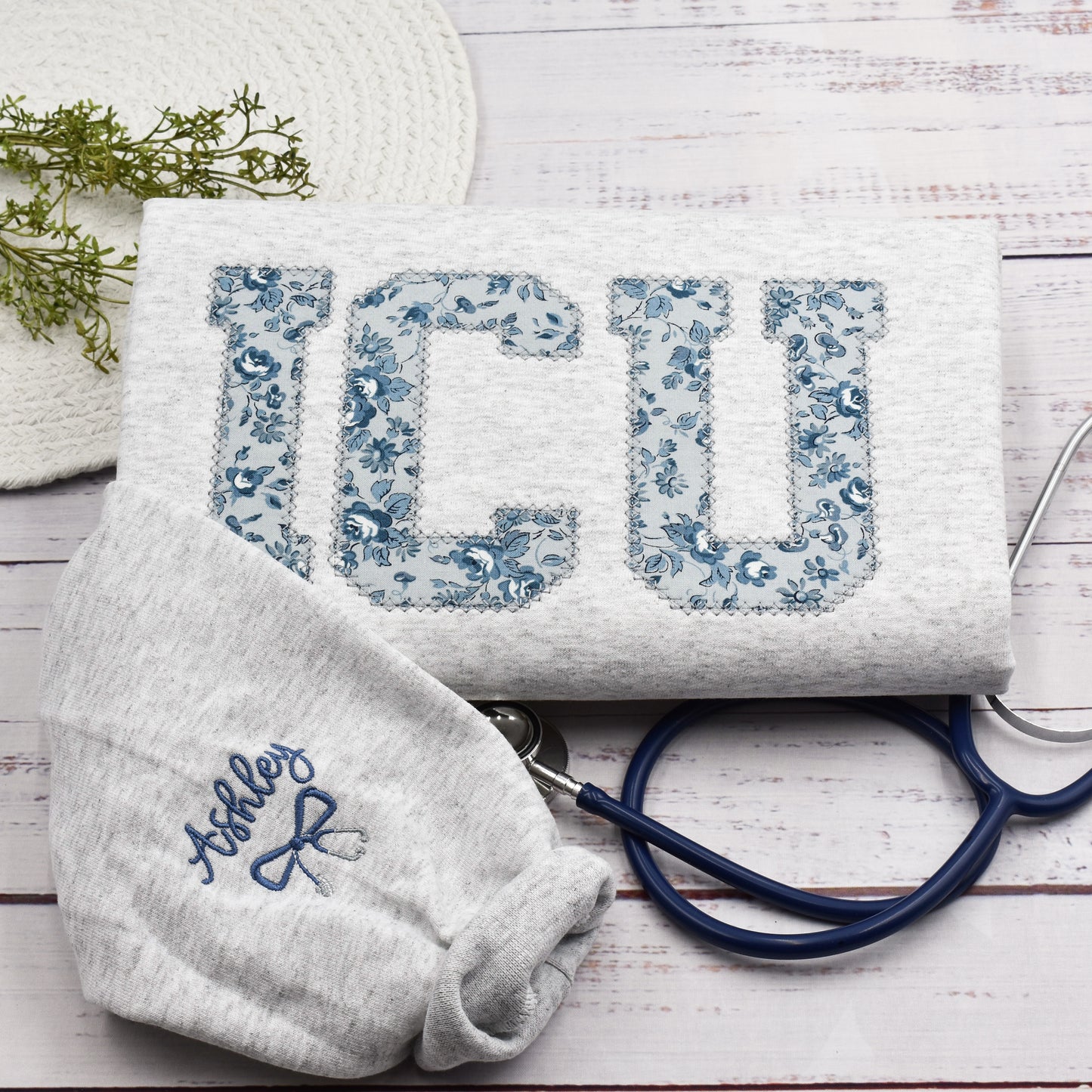 Personalized ICU Nurse Embroidered Sweatshirt, Critical Care Nurse Shirt, Graduation Nursing Student Gift, Floral RN Nurse Crewneck