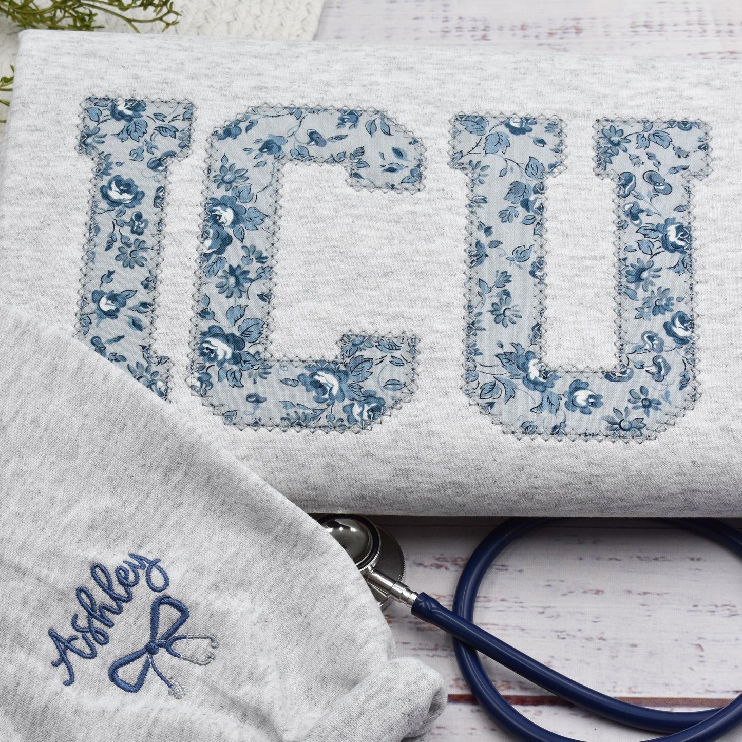Personalized ICU Nurse Embroidered Sweatshirt, Critical Care Nurse Shirt, Graduation Nursing Student Gift, Floral RN Nurse Crewneck