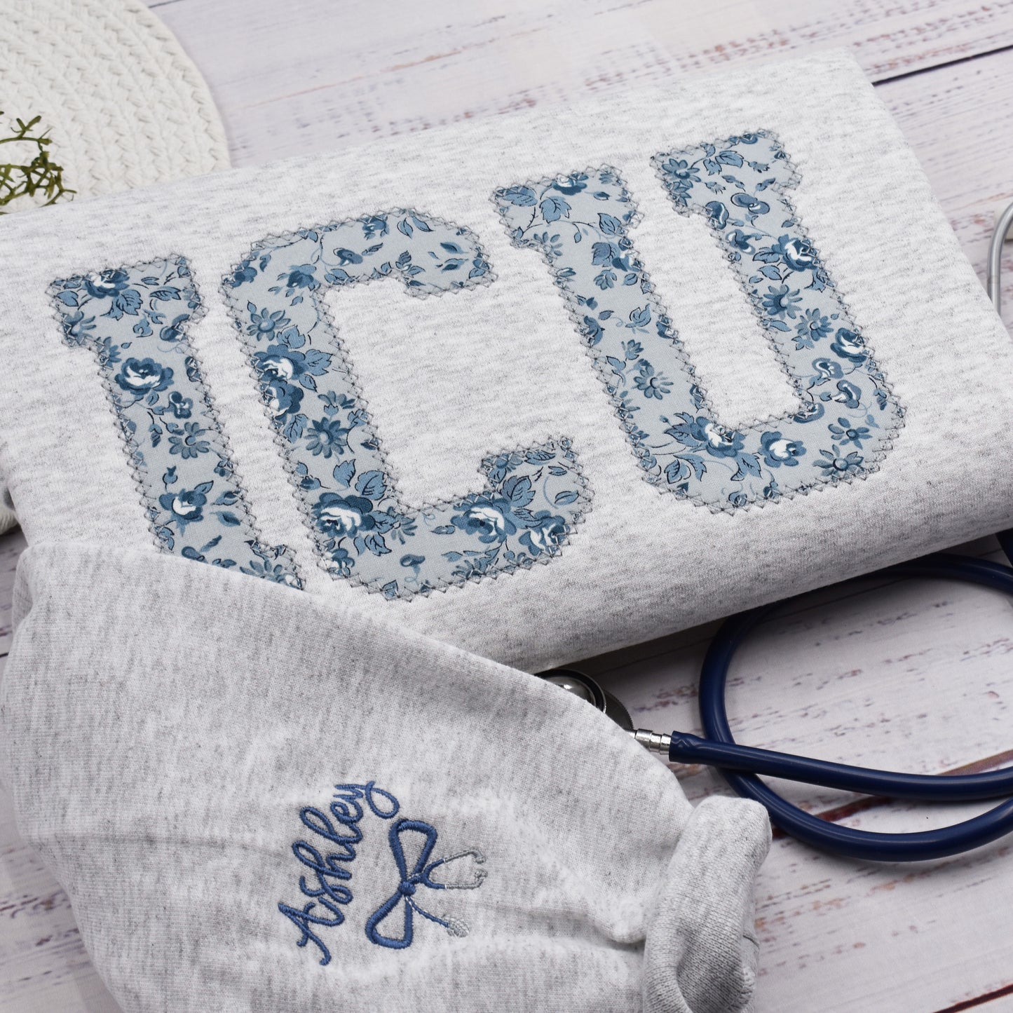 Personalized ICU Nurse Embroidered Sweatshirt, Critical Care Nurse Shirt, Graduation Nursing Student Gift, Floral RN Nurse Crewneck