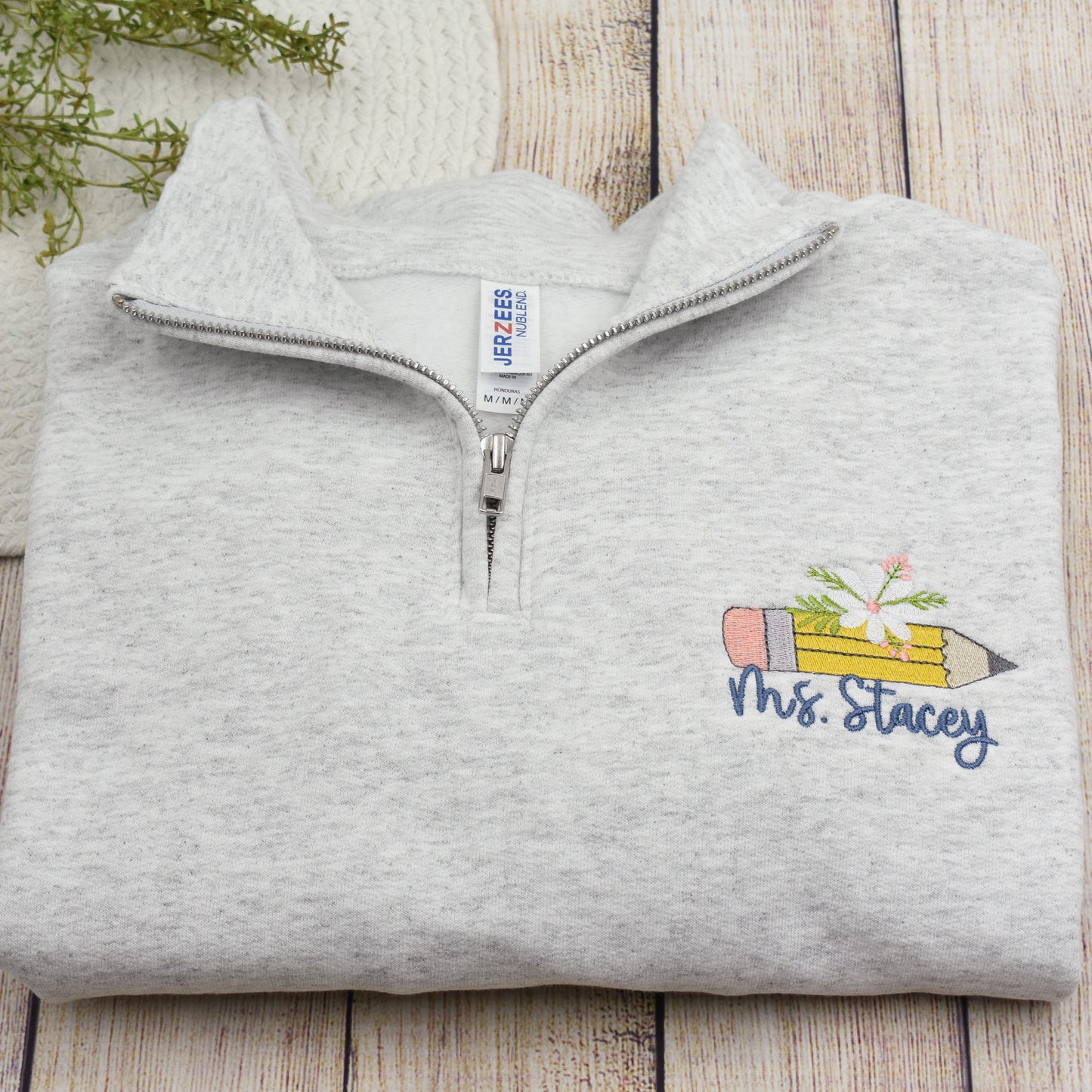 Teacher Embroidered Quarter Zip Sweatshirt, Custom Name Pencil Shirt for Teacher,