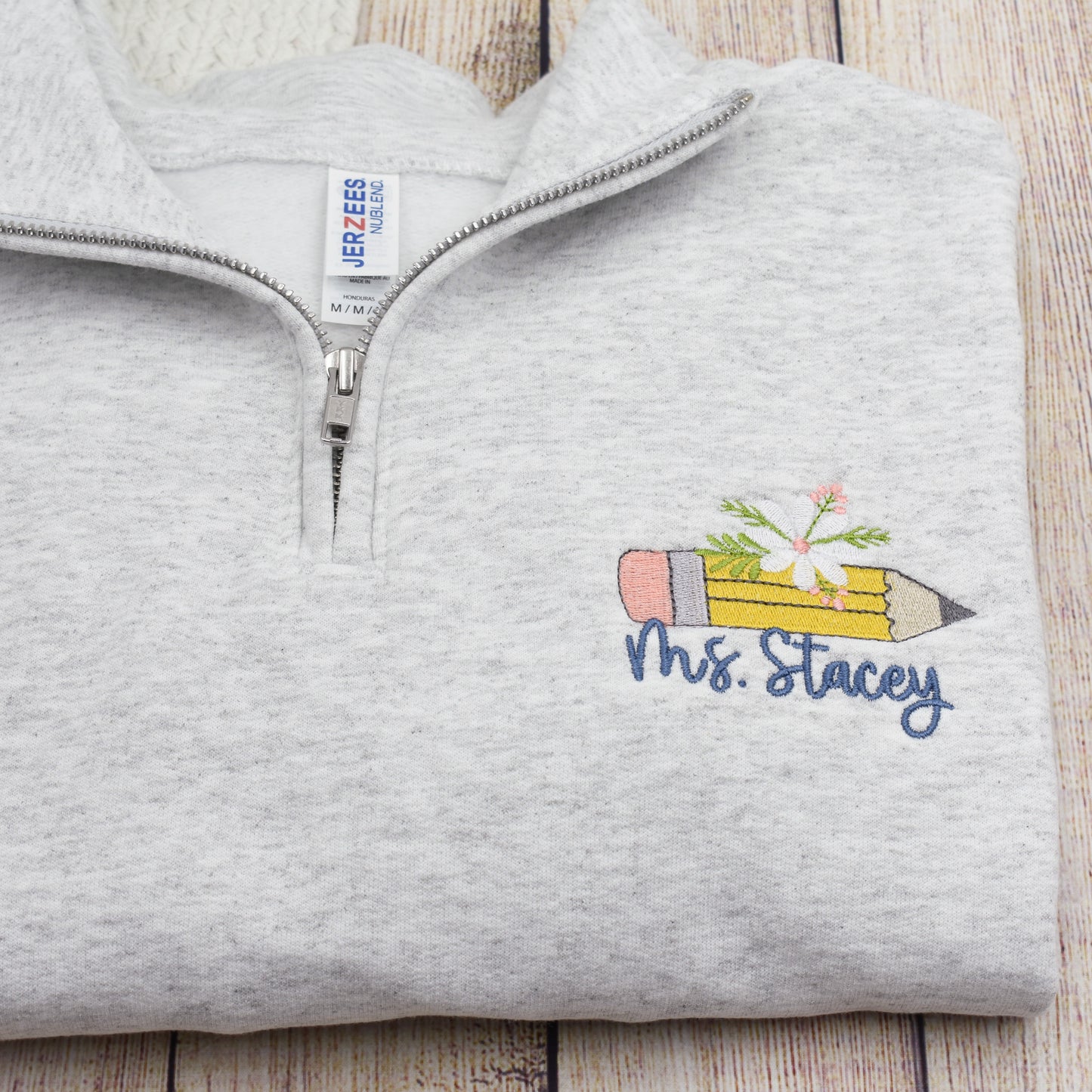 Teacher Embroidered Quarter Zip Sweatshirt, Custom Name Pencil Shirt for Teacher,