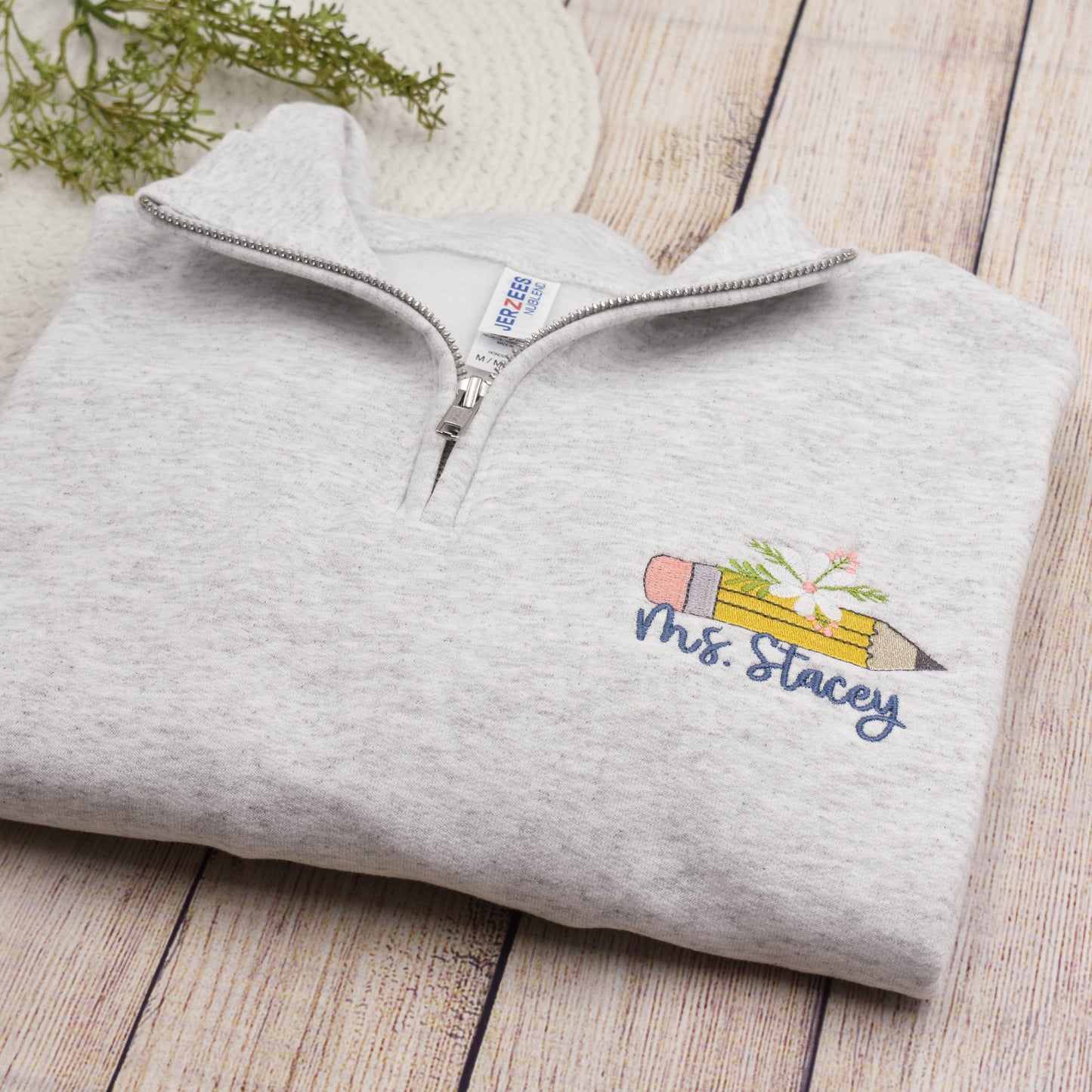 Teacher Embroidered Quarter Zip Sweatshirt, Custom Name Pencil Shirt for Teacher,