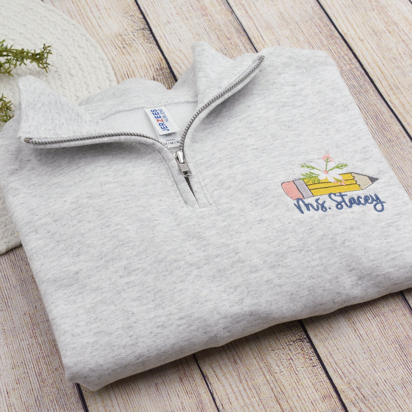 Teacher Embroidered Quarter Zip Sweatshirt, Custom Name Pencil Shirt for Teacher,