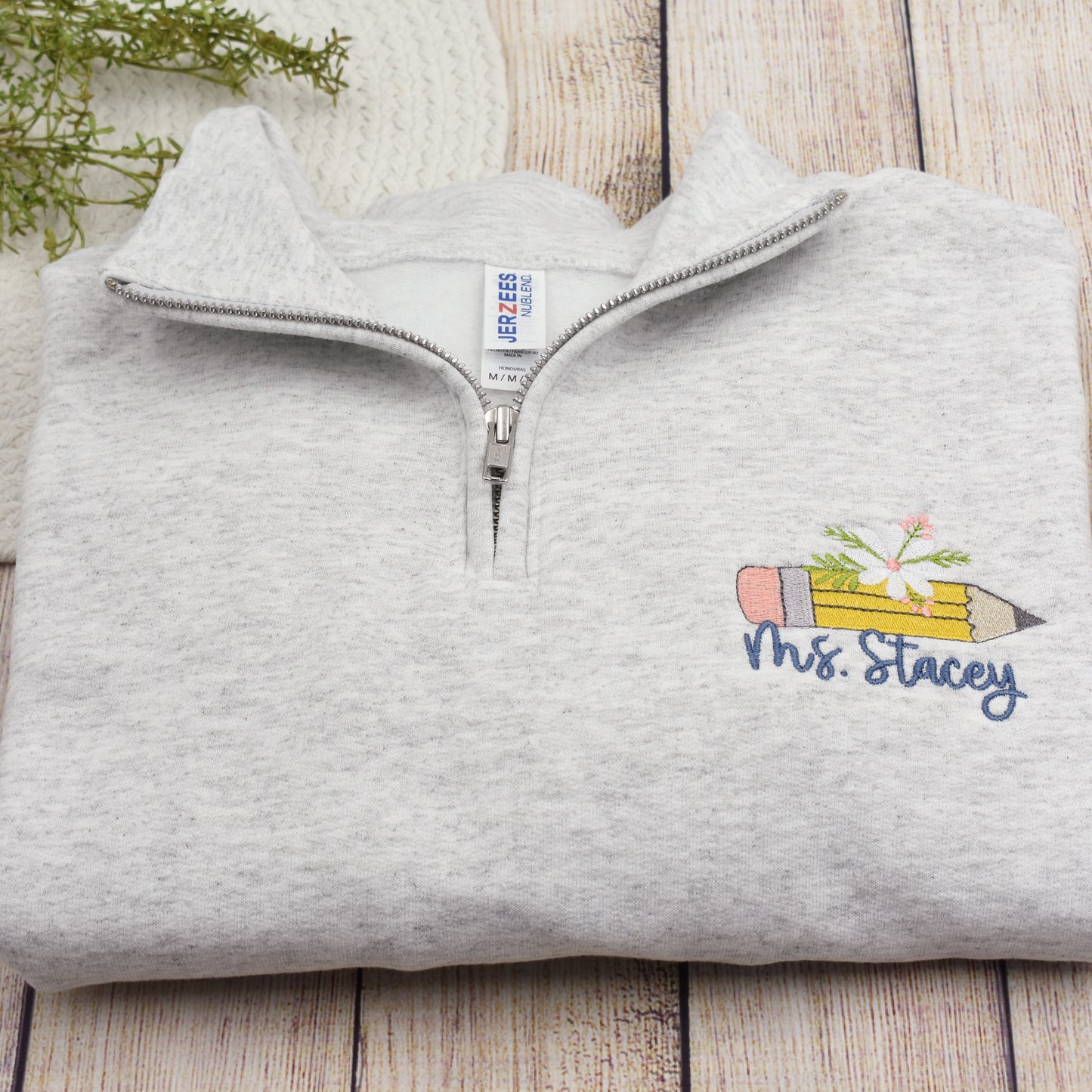 Teacher Embroidered Quarter Zip Sweatshirt, Custom Name Pencil Shirt for Teacher,