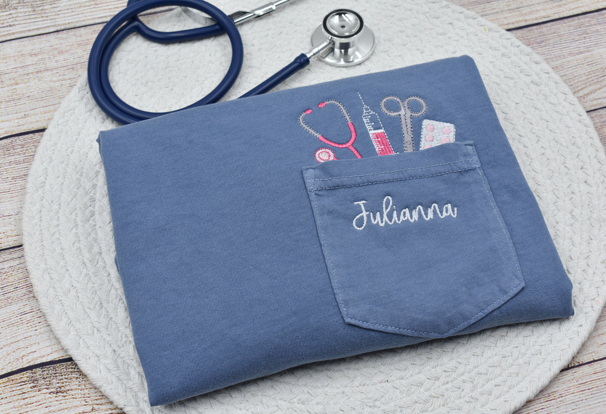 NURSE THEME POCKET TOPPER EMBROIDERED SHIRT