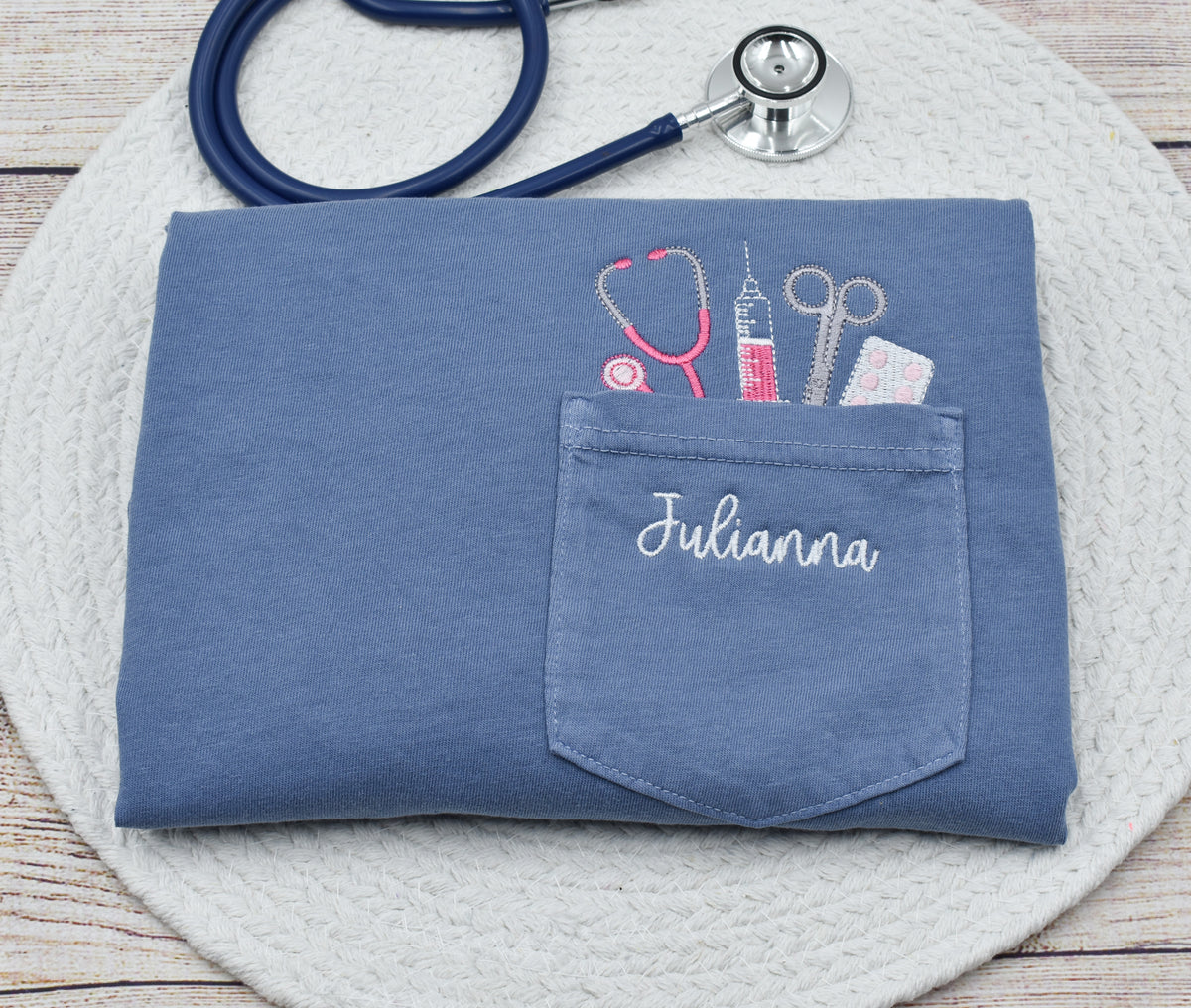 NURSE THEME POCKET TOPPER EMBROIDERED SHIRT