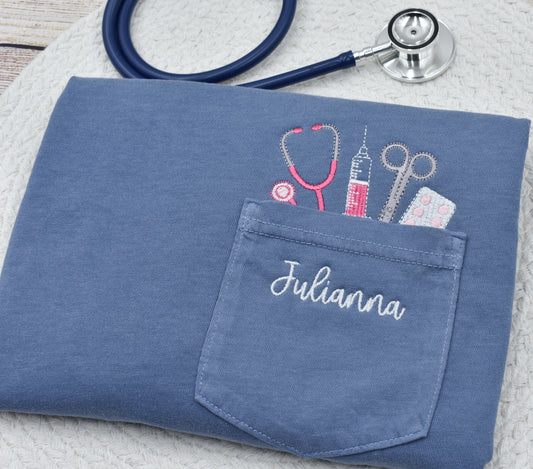 NURSE THEME POCKET TOPPER EMBROIDERED SHIRT