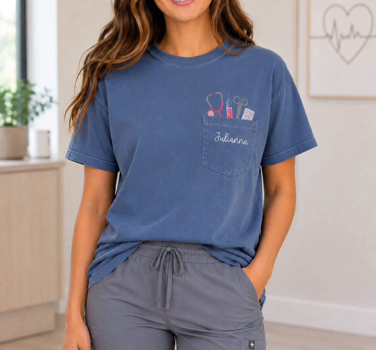 NURSE THEME POCKET TOPPER EMBROIDERED SHIRT